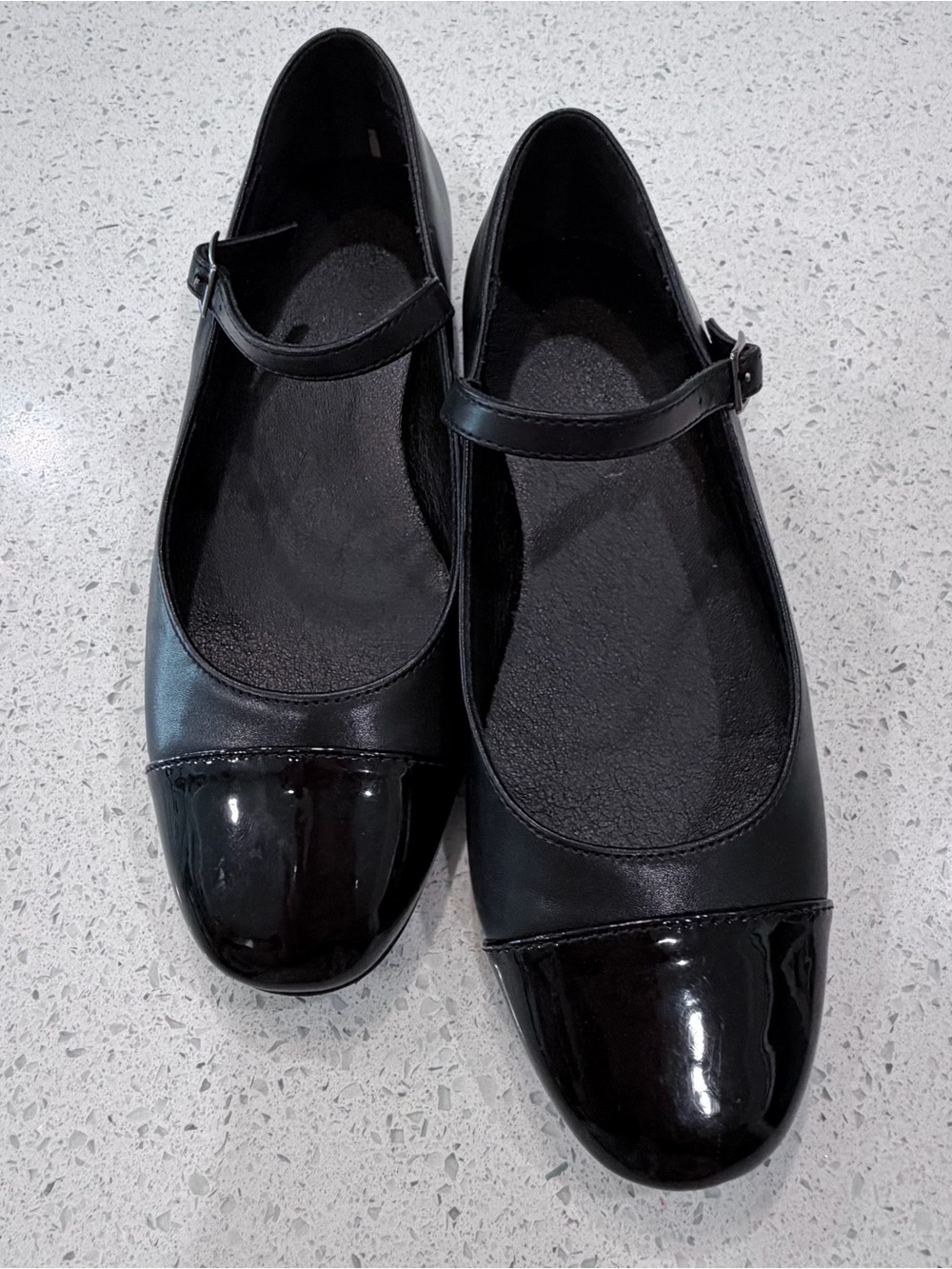 Tahari Black Mary Jane Flats with Patent Cap Toe